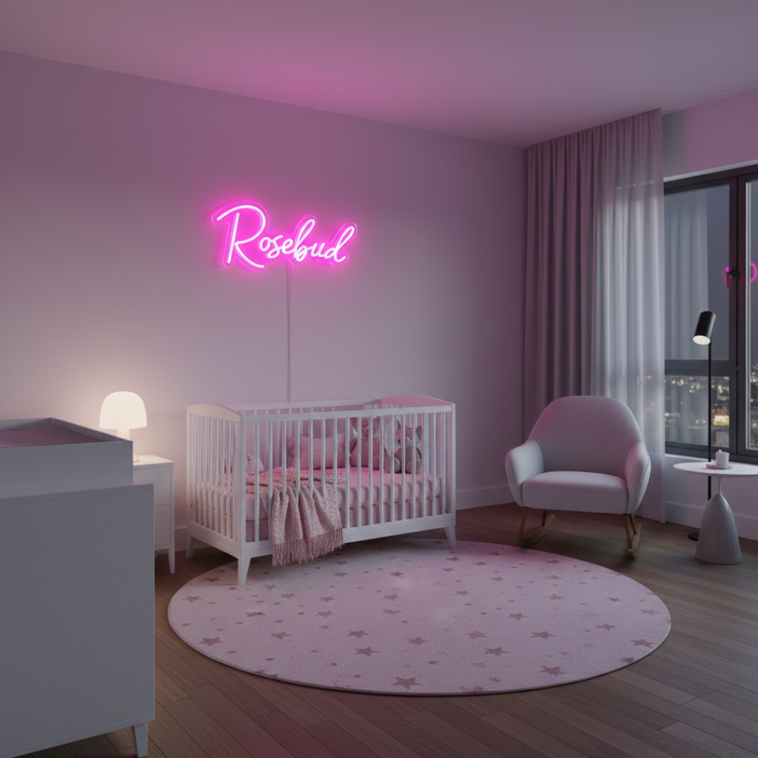 Rosebud Name LED Neon sign by LedNeons.com - glowing softly on a wall, adding a whimsical and personalized decorative touch.