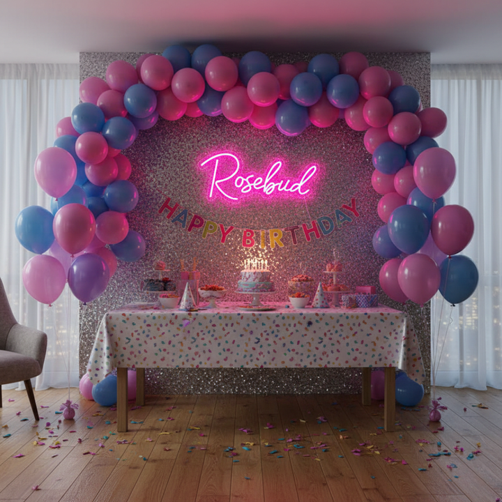 Rosebud Name LED Neon sign by LedNeons.com - glowing softly on a wall, adding a whimsical and personalized decorative touch.