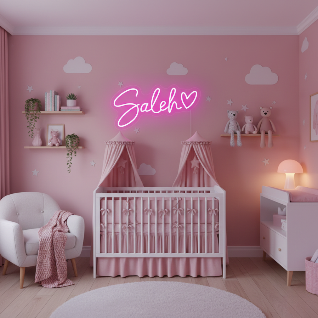 Saleh Name LED Neon Sign by LEdNeons -  glowing in elegant script font on a wall
