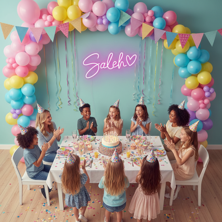 Saleh Name LED Neon Sign by LEdNeons -  glowing in elegant script font on a wall
