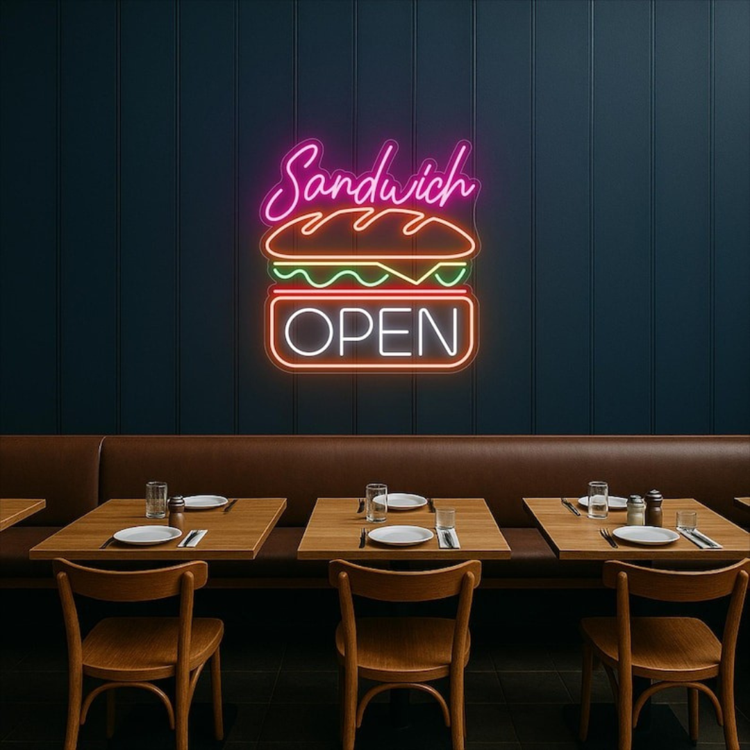 Sandwich Open Business Neon Sign by LEDNeons - add Vibrant touch to your shop with this glowing Neon sign