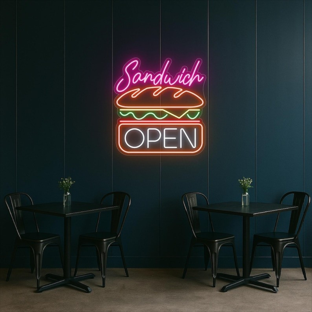 Sandwich Open Business Neon Sign by LEDNeons - add Vibrant touch to your shop with this glowing Neon sign
