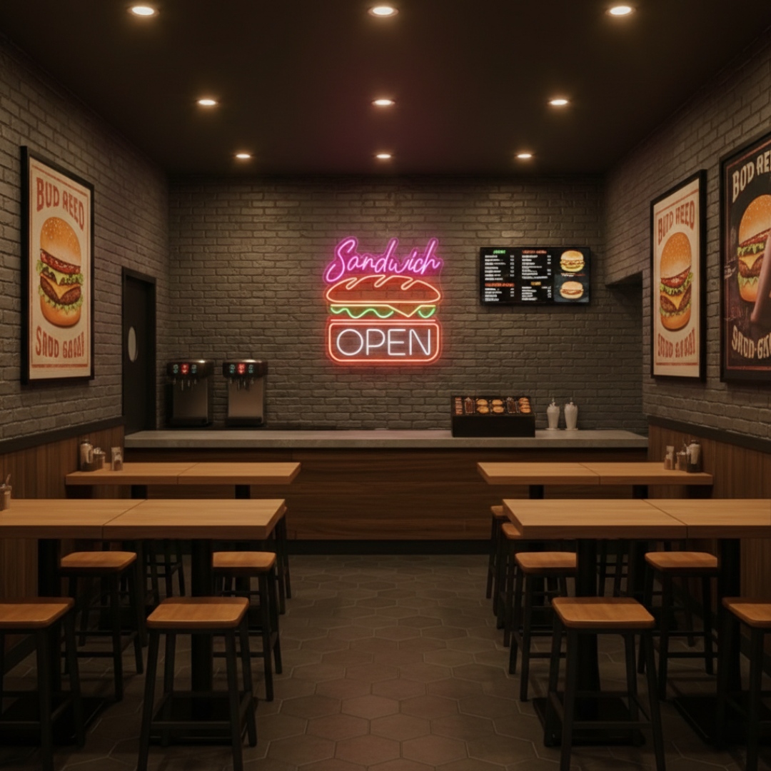 Sandwich Open Business Neon Sign by LEDNeons - add Vibrant touch to your shop with this glowing Neon sign