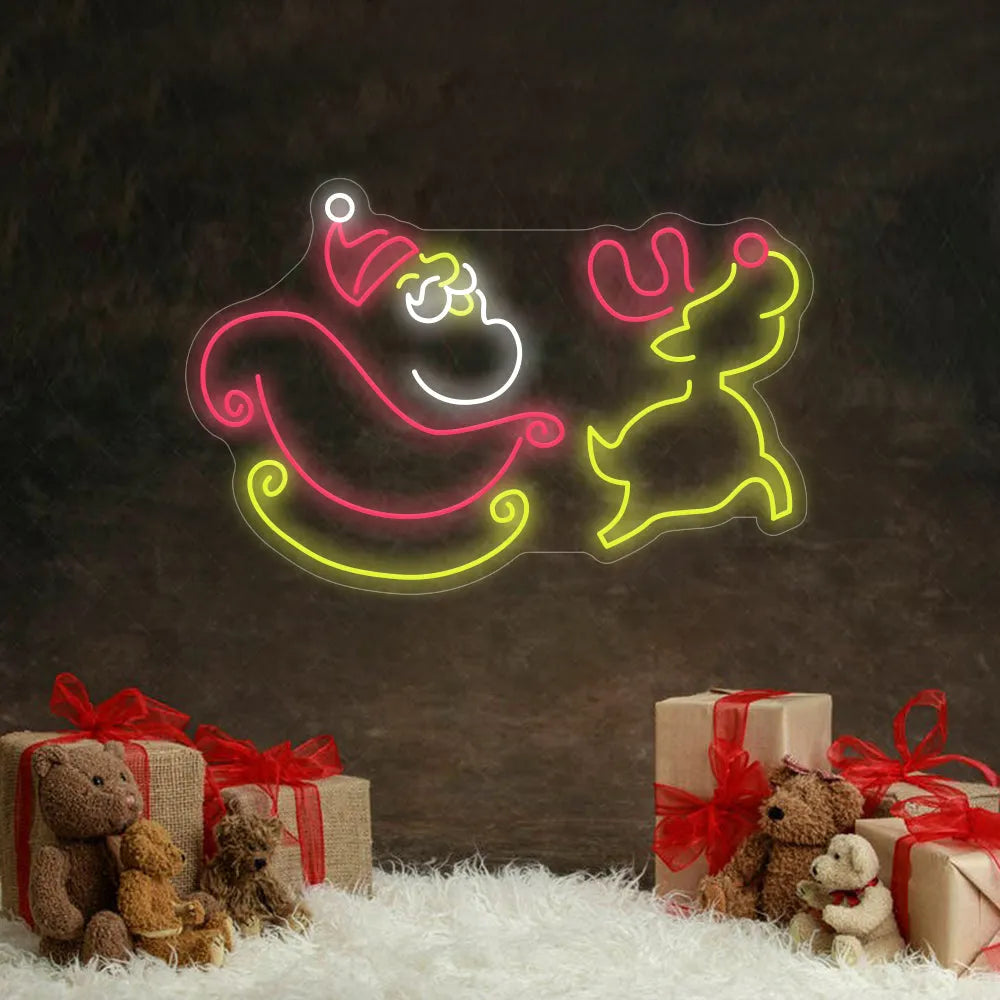 Santa Claus and Christmas Deer Neon Sign by LEDNeons - Bring festive charm to your space with this Santa and deer neon sign.