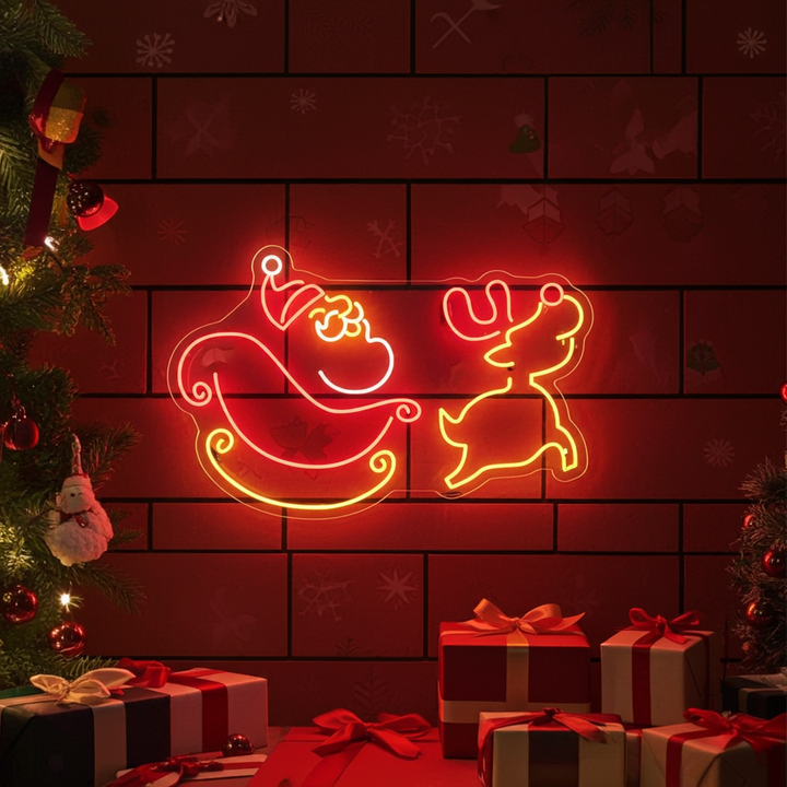 Santa Claus and Christmas Deer Neon Sign by LEDNeons - Bring festive charm to your space with this Santa and deer neon sign.