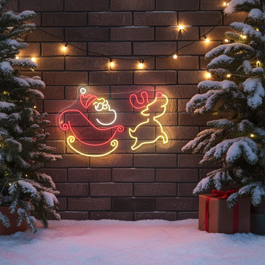 Santa Claus and Christmas Deer Neon Sign by LEDNeons - Bring festive charm to your space with this Santa and deer neon sign.