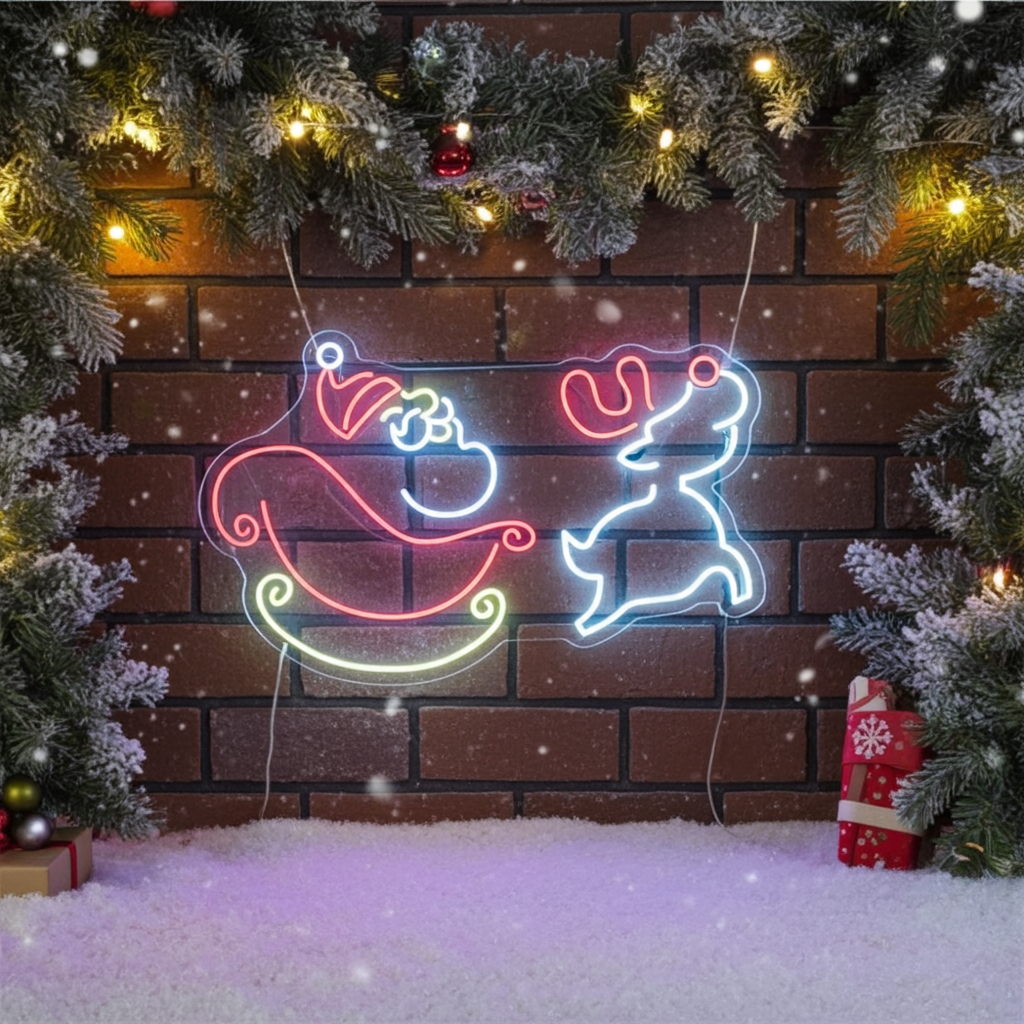 Santa Claus and Christmas Deer Neon Sign by LEDNeons - Bring festive charm to your space with this Santa and deer neon sign.