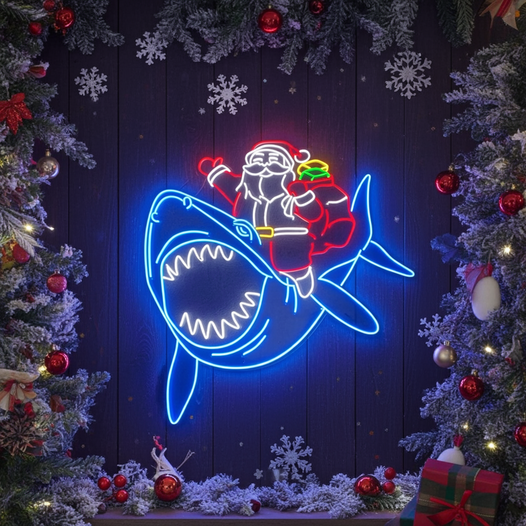 Santa Claus on Shark Merry Christmas Neon Sign by LEDNeons - with bright neon lights for a playful holiday vibe.