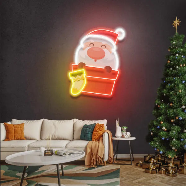 Santa with Sock Merry Christmas Neon Sign by LEDNeons  - glowing in red and white lights, perfect for holiday décor.