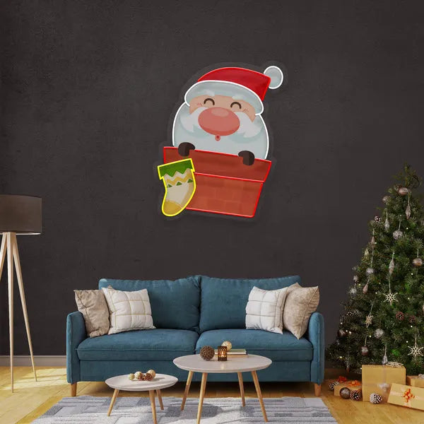 Santa with Sock Merry Christmas Neon Sign by LEDNeons  - glowing in red and white lights, perfect for holiday décor. 