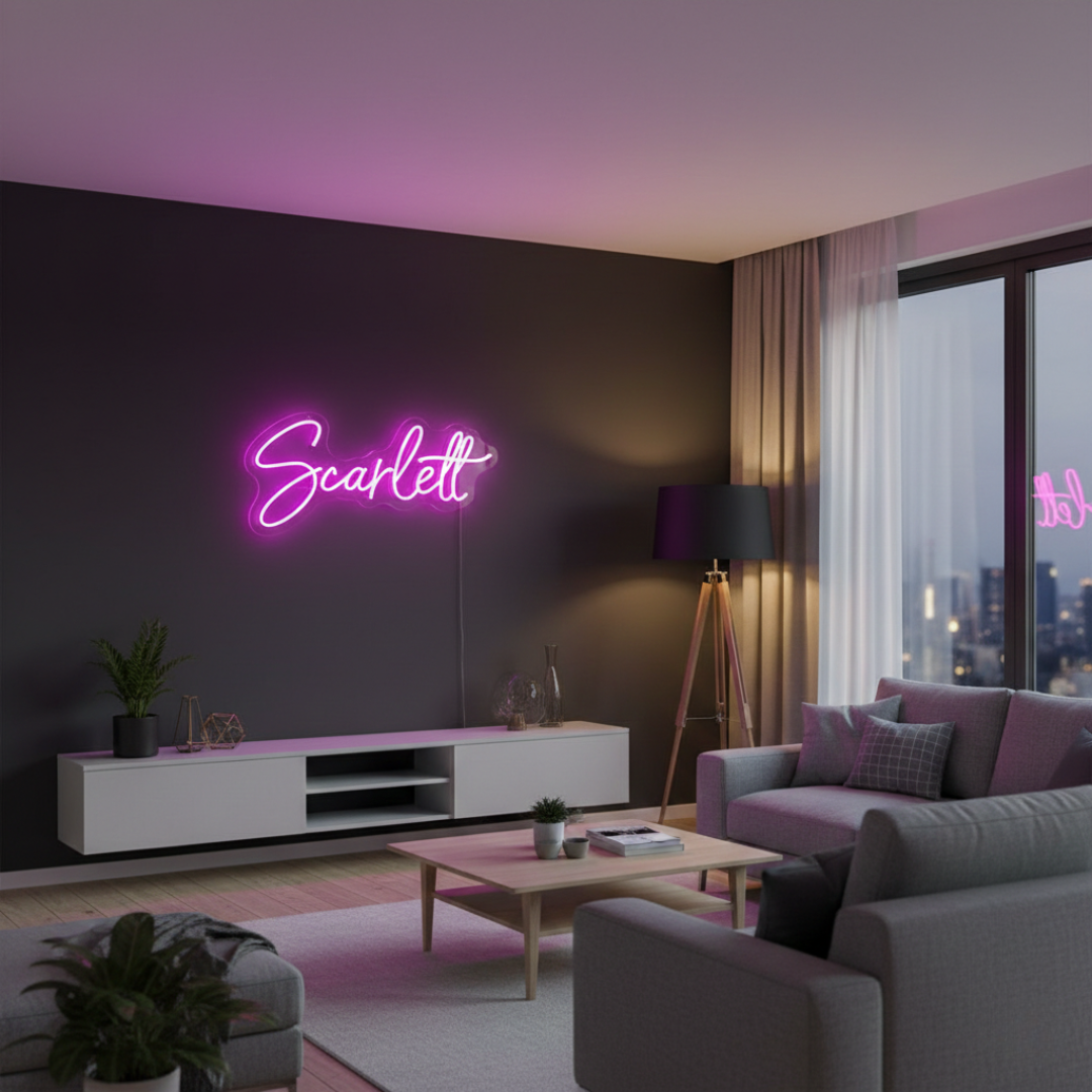 Scarlett Name LED Neon sign by LedNeons.com - glowing brightly on a wall, adding a bold and personalized decorative element.