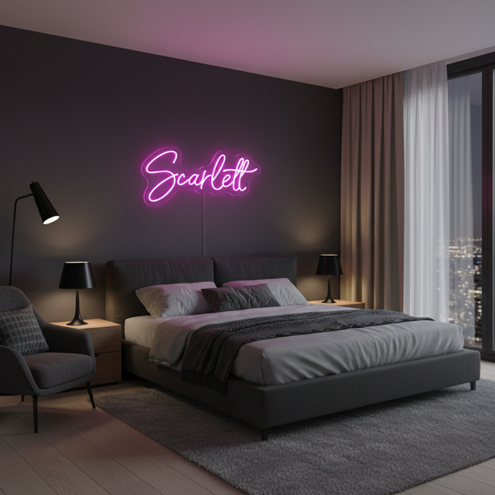 Scarlett Name LED Neon sign by LedNeons.com - glowing brightly on a wall, adding a bold and personalized decorative element.