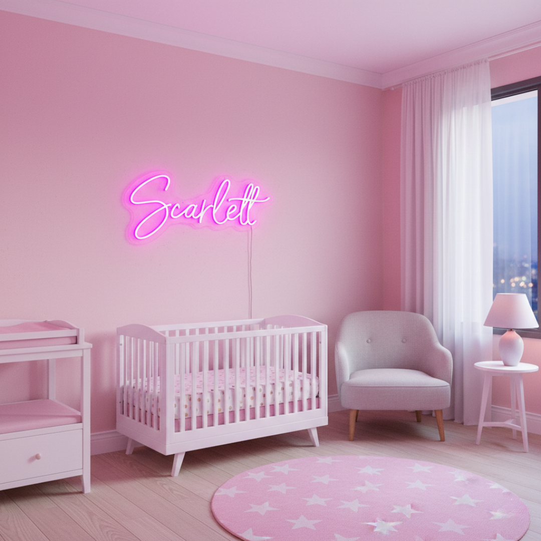 Scarlett Name LED Neon sign by LedNeons.com - glowing brightly on a wall, adding a bold and personalized decorative element.