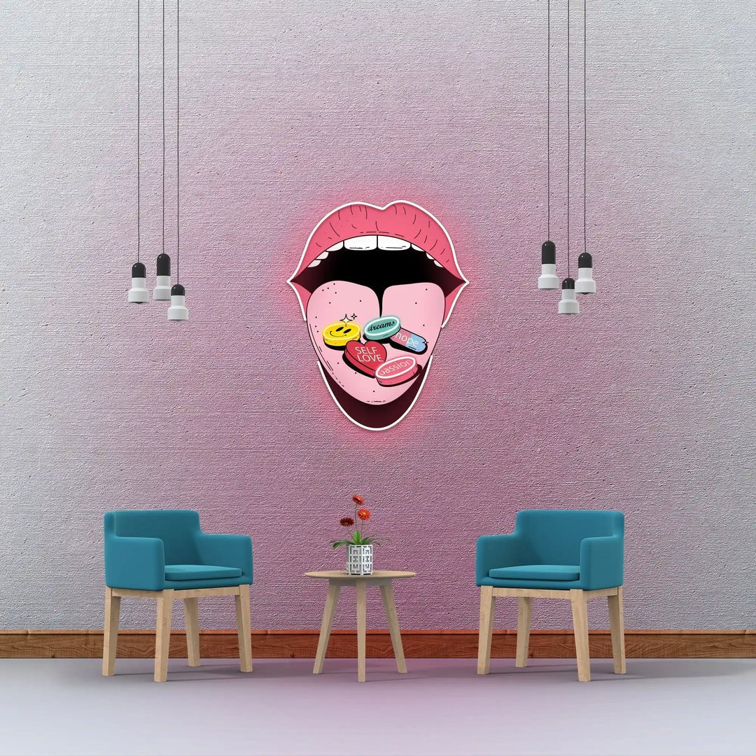 Self-Love Pills UV Light by LEDNeons -neon artwork depicting glowing pill designs 