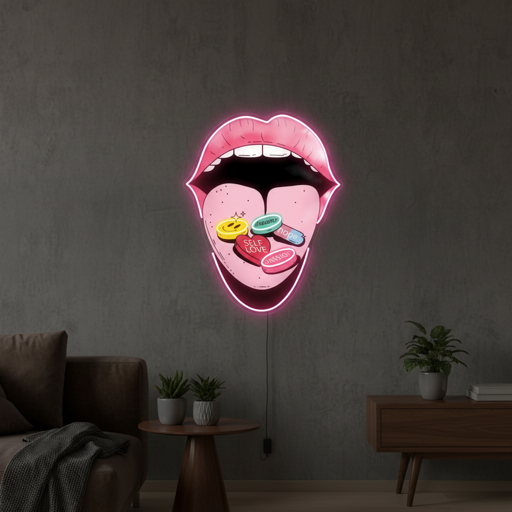 Self-Love Pills UV Light by LEDNeons -neon artwork depicting glowing pill designs 