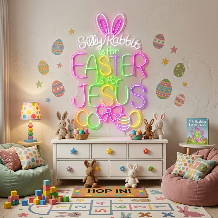 “Silly Rabbits is for Easter, Is For Jesus” neon sign glowing on wall by LEDNeons
