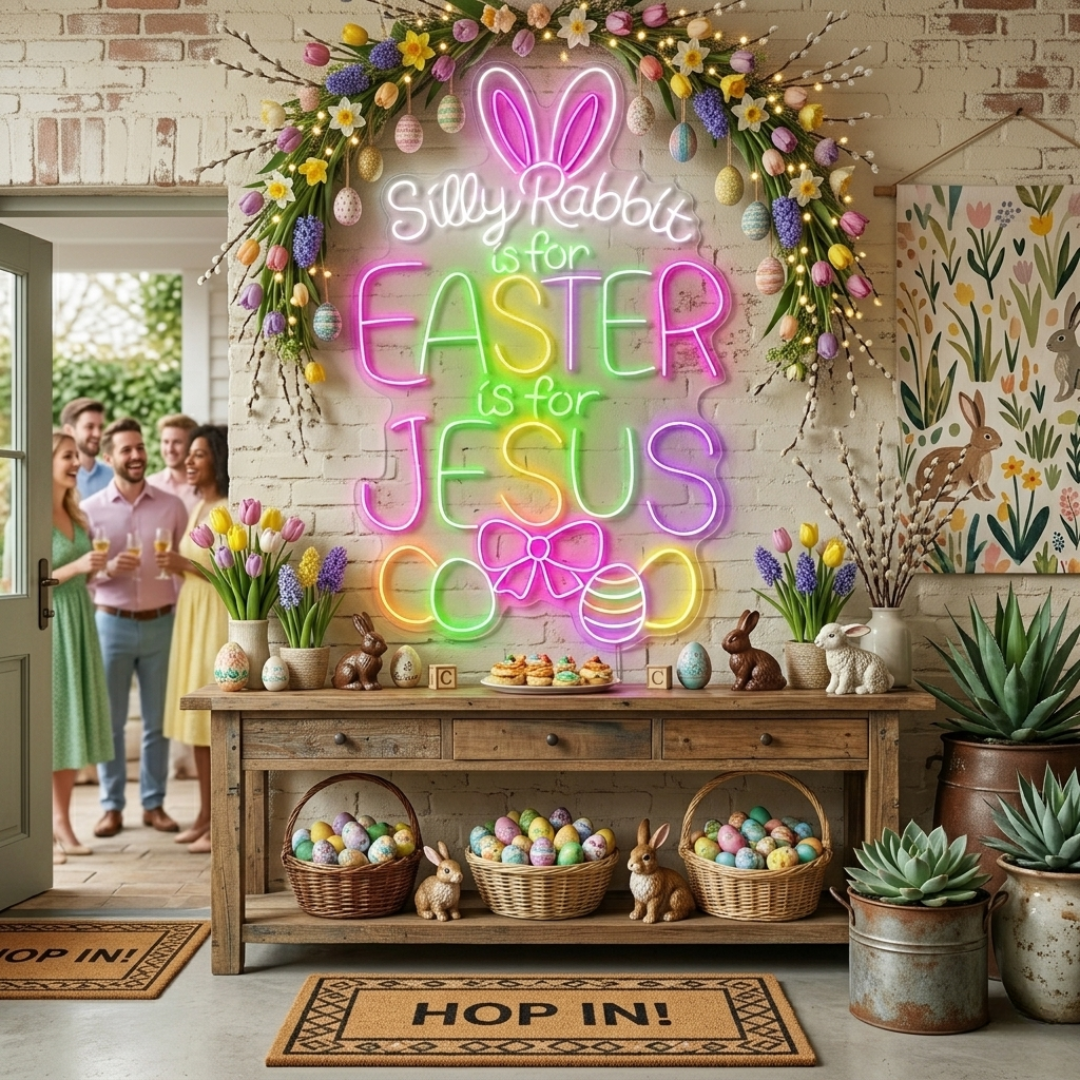 “Silly Rabbits is for Easter, Is For Jesus” neon sign glowing on wall by LEDNeons