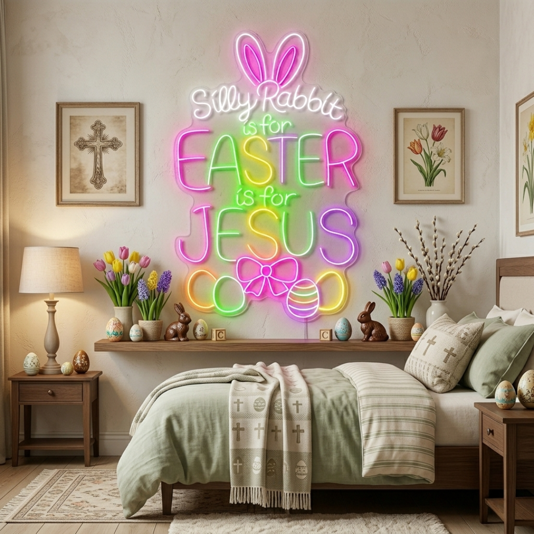 “Silly Rabbits is for Easter, Is For Jesus” neon sign glowing on wall by LEDNeons