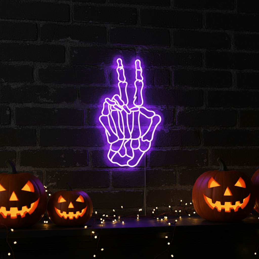 Skeleton Hand Peace Halloween LED Neon Sign by LEDNeons - casting a fun yet creepy glow for Halloween setups.