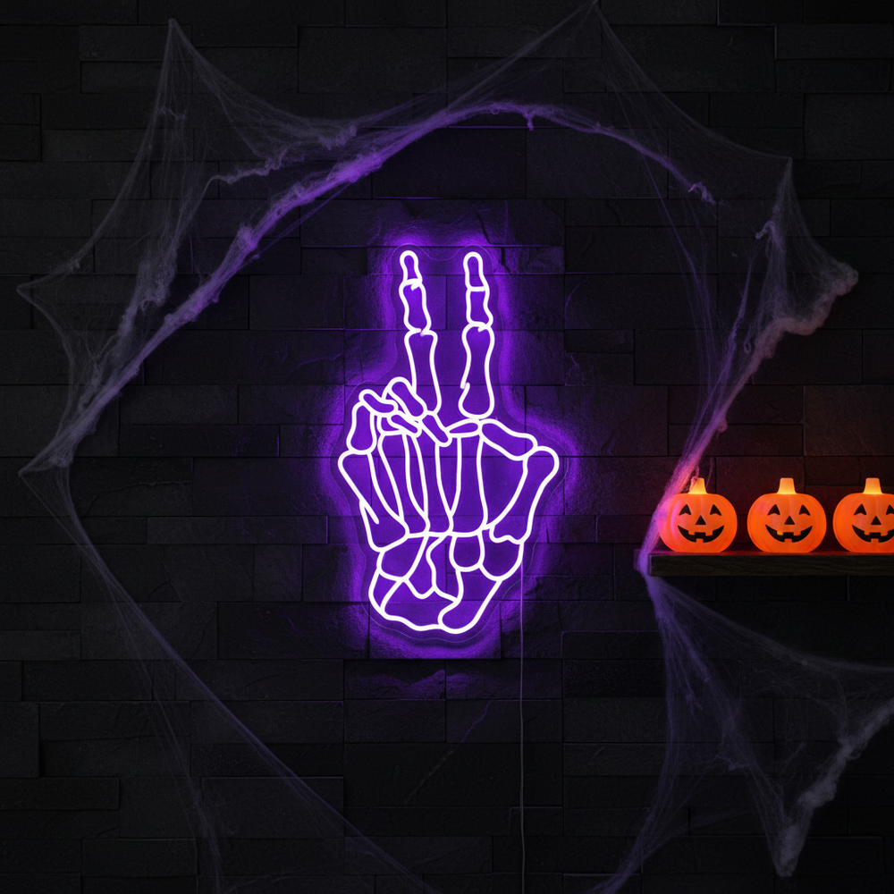 Skeleton Hand Peace Halloween LED Neon Sign by LEDNeons - casting a fun yet creepy glow for Halloween setups.
 