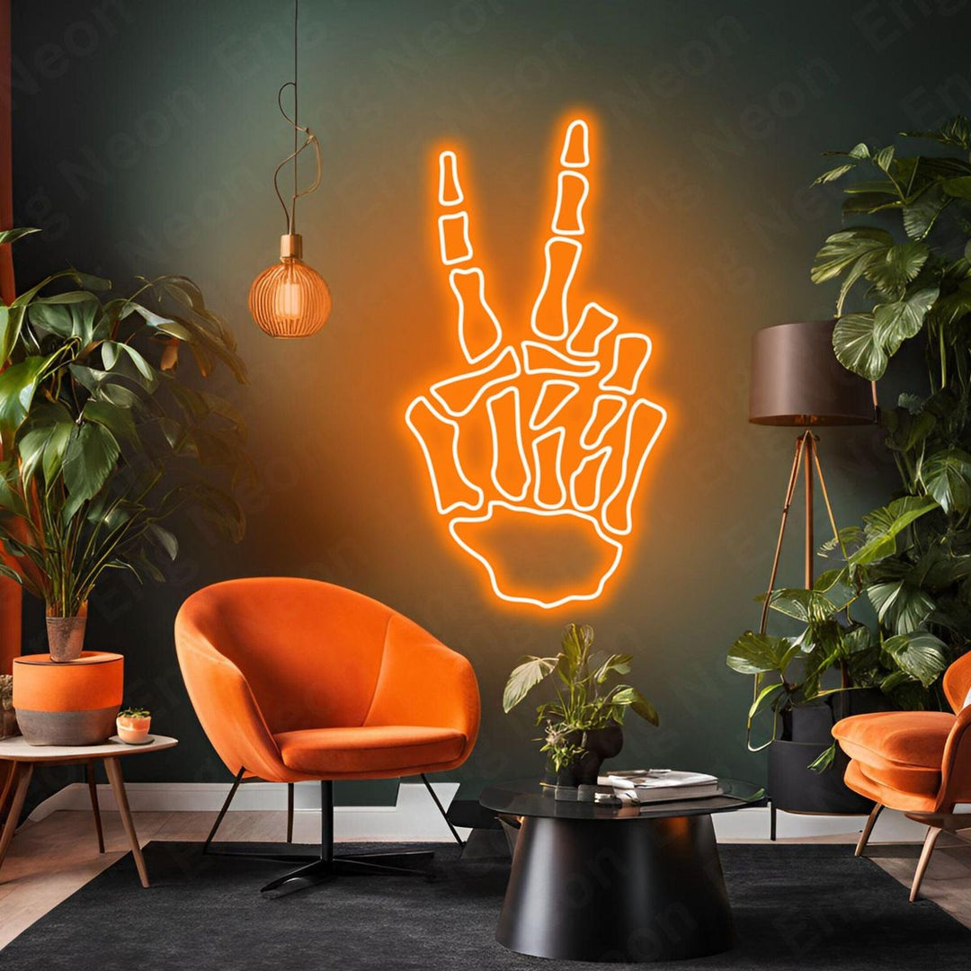 Skeleton Hand Peace Halloween LED Neon Sign by LEDNeons - casting a fun yet creepy glow for Halloween setups.
