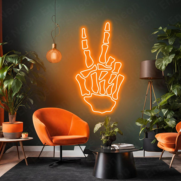 Skeleton Hand Peace Halloween LED Neon Sign by LEDNeons - casting a fun yet creepy glow for Halloween setups.