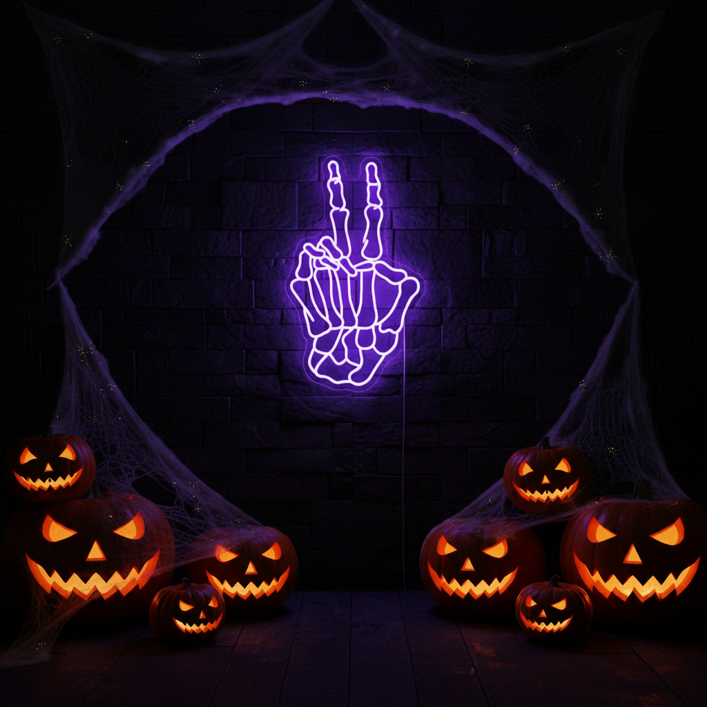 Skeleton Hand Peace Halloween LED Neon Sign by LEDNeons - casting a fun yet creepy glow for Halloween setups.