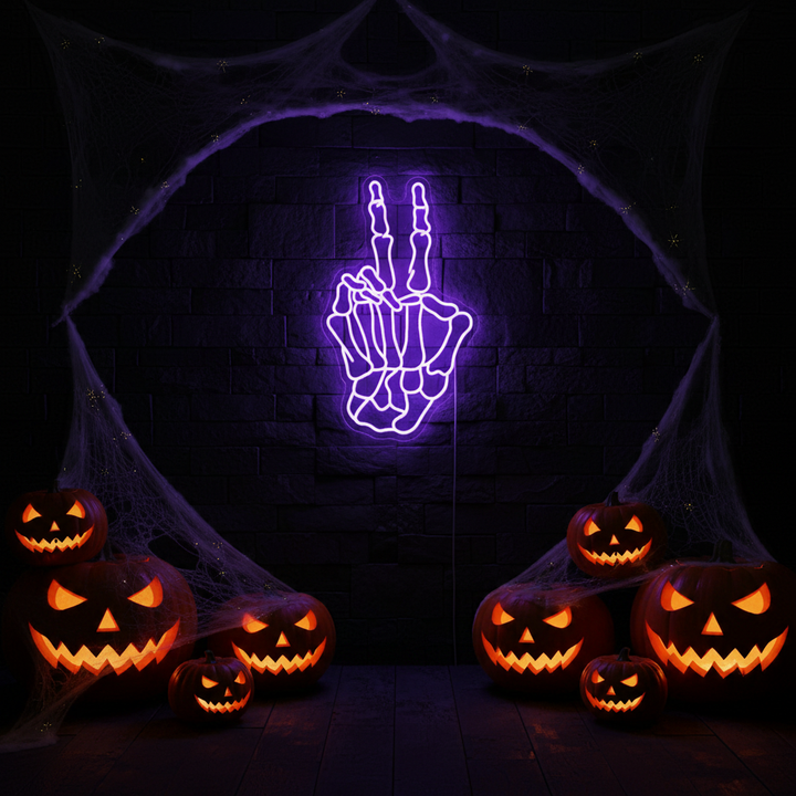 Skeleton Hand Peace Halloween LED Neon Sign by LEDNeons - casting a fun yet creepy glow for Halloween setups.