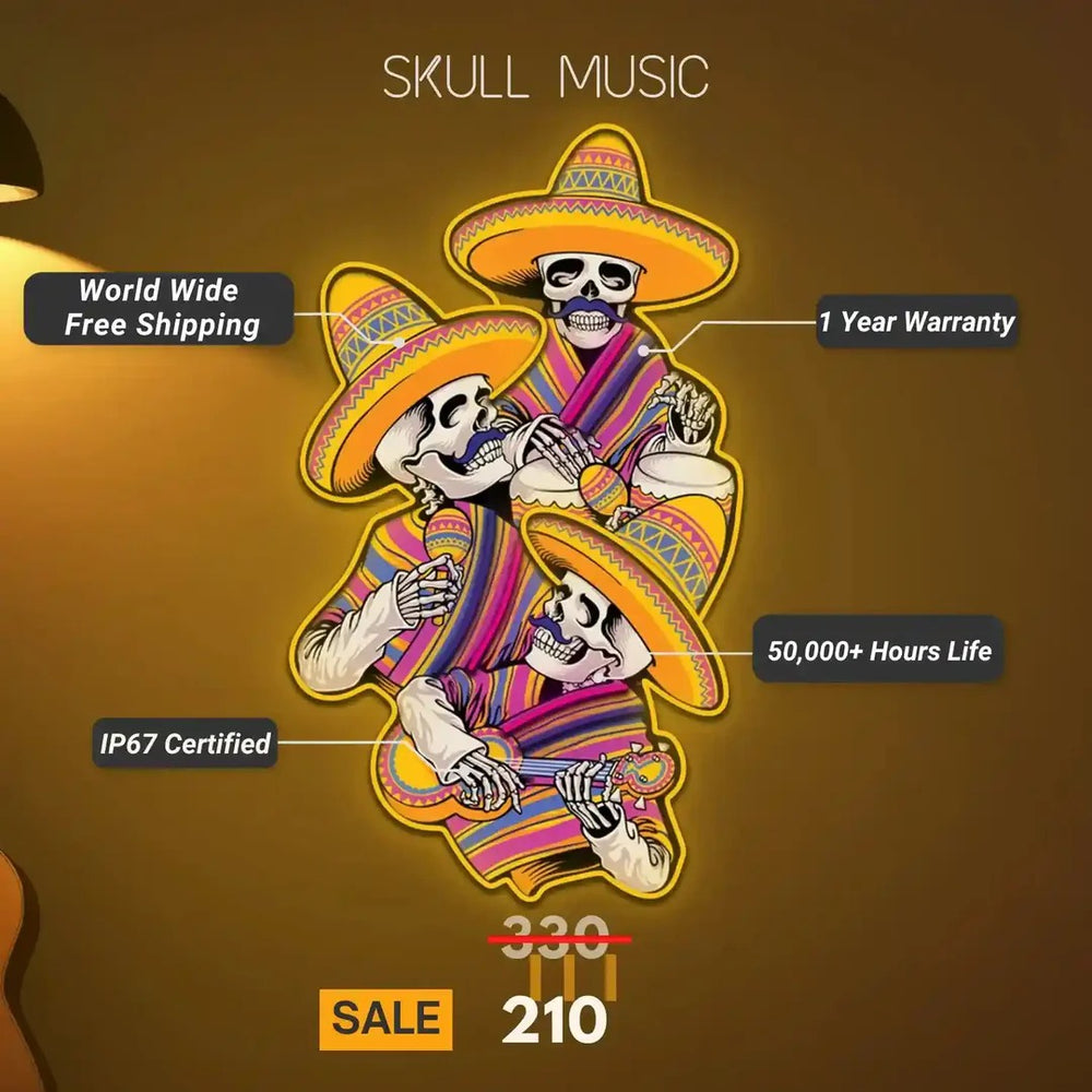 Glowing neon sign of a skull wearing headphones Benefits by LEDNeons - Specification
