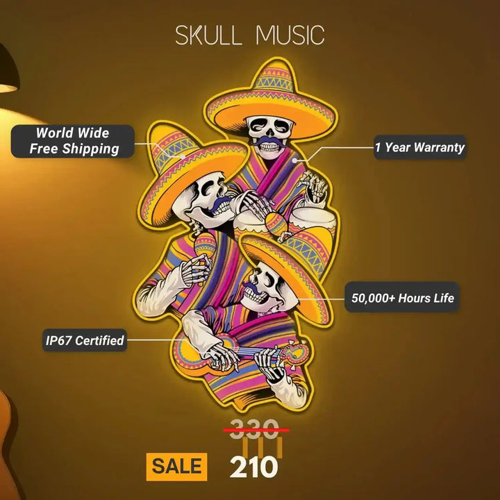 Glowing neon sign of a skull wearing headphones Benefits by LEDNeons - Specification