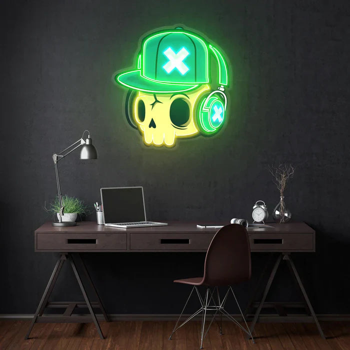 Skull and Headphones Halloween LED Neon Sign by LEDNeons  - Desk view 