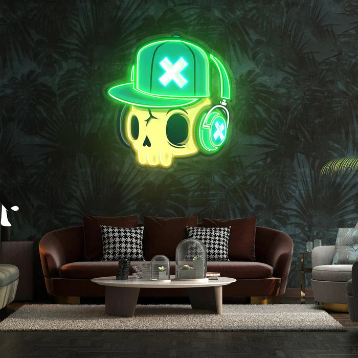 Skull and Headphones Halloween LED Neon Sign by LEDNeons - Green