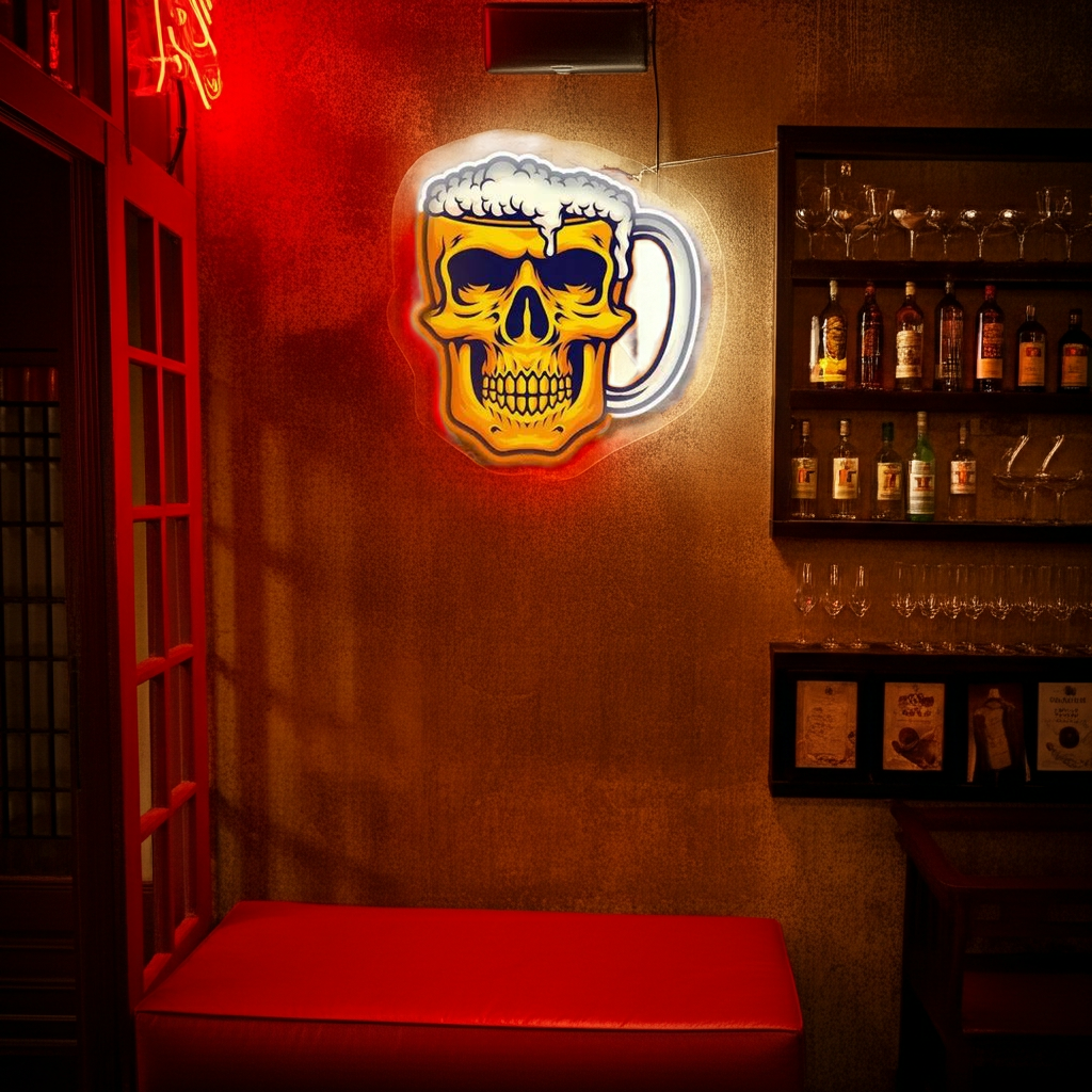 Skull Beer LED Neon Sign artwork featuring a glowing skull holding a frothy beer mug - by LEDNeons.