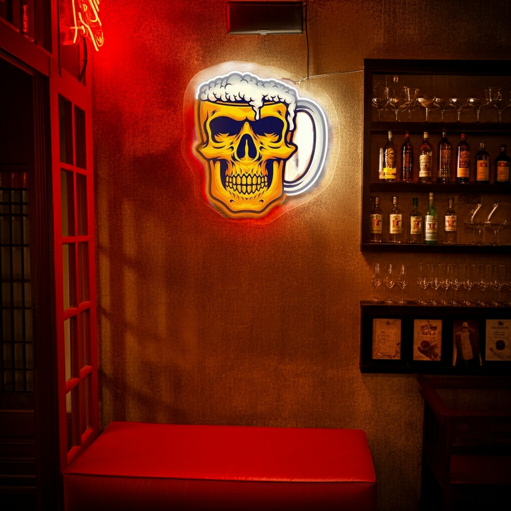 Skull Beer LED Neon Sign artwork featuring a glowing skull holding a frothy beer mug - by LEDNeons.
