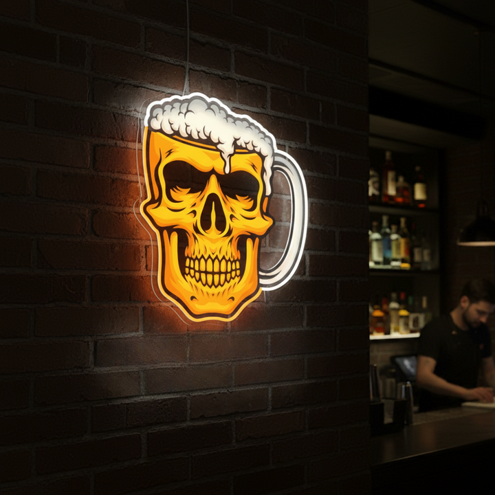 Skull Beer LED Neon Sign artwork featuring a glowing skull holding a frothy beer mug - by LEDNeons.