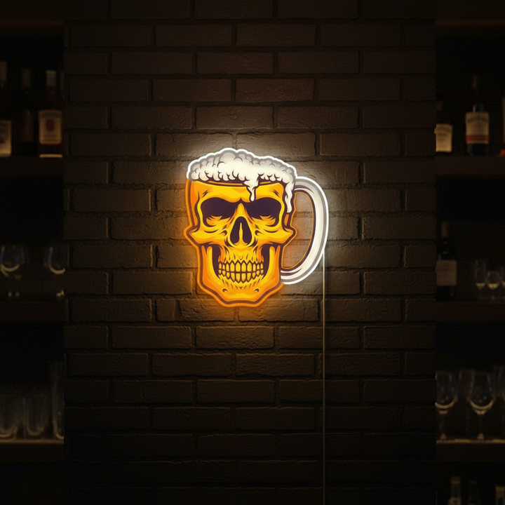 Skull Beer LED Neon Sign artwork featuring a glowing skull holding a frothy beer mug - by LEDNeons.
