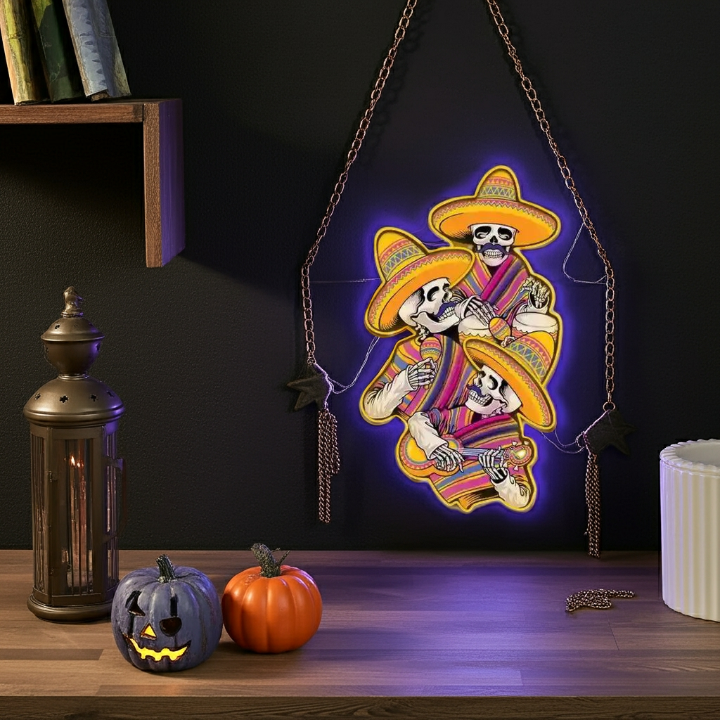 Skull Music Halloween LED Neon Sign by LEDNeons - glowing in vibrant Halloween colors