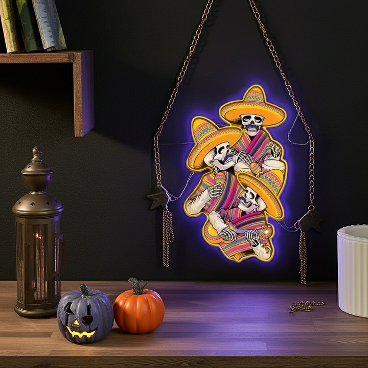 Skull Music Halloween LED Neon Sign by LEDNeons - glowing in vibrant Halloween colors