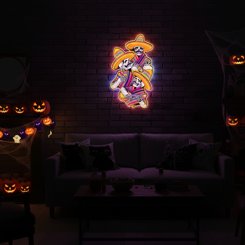 Skull Music Halloween LED Neon Sign by LEDNeons - glowing in vibrant Halloween colors