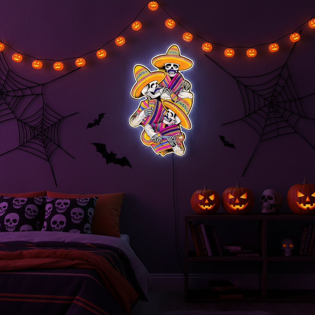 Skull Music Halloween LED Neon Sign by LEDNeons - glowing in vibrant Halloween colors