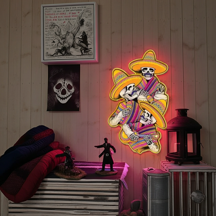 Skull Music Halloween LED Neon Sign by LEDNeons - glowing in vibrant Halloween colors