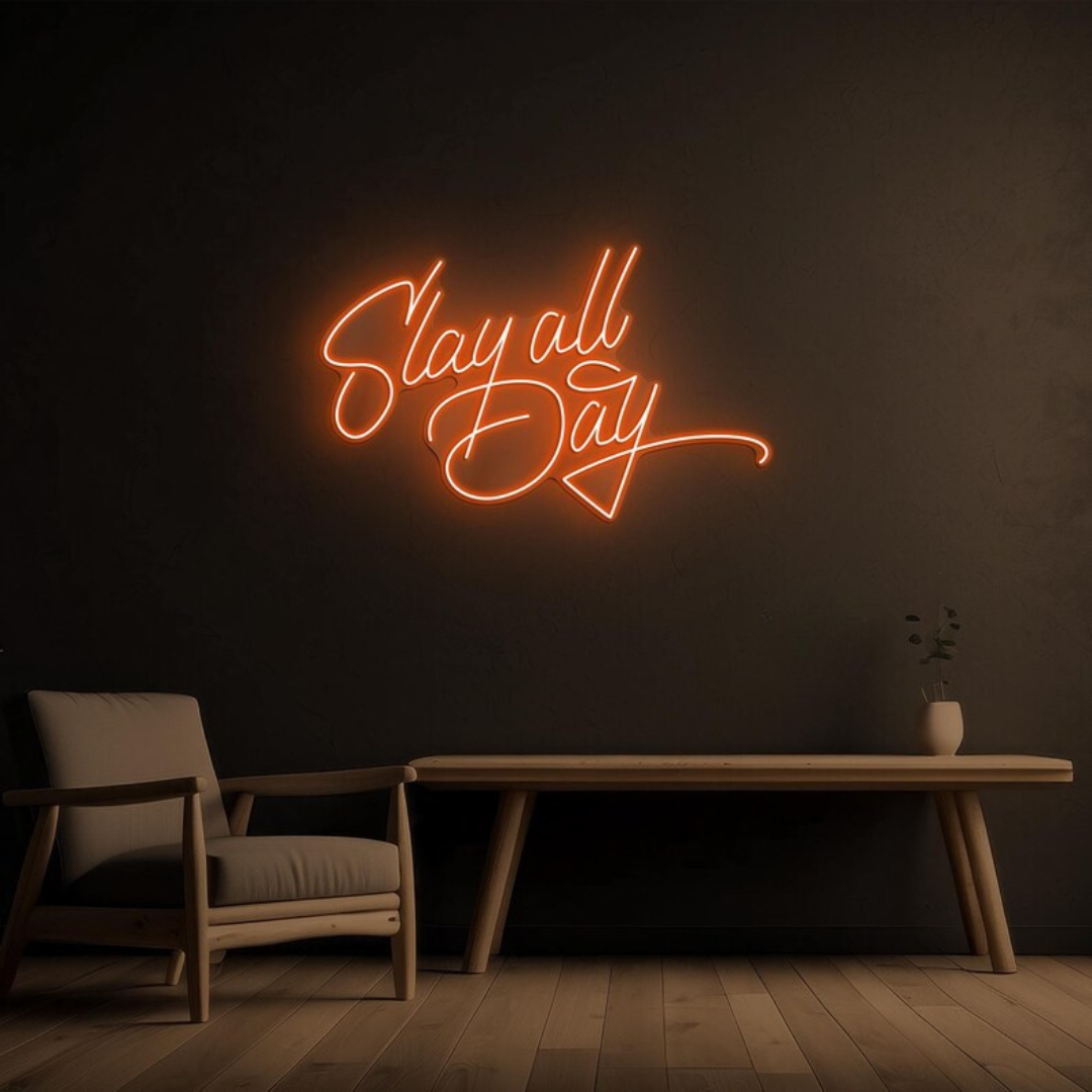Slay All Day LED Neon Sign by LedNeons.com -  with bold, glowing script lettering, perfect for adding confidence and flair to beauty rooms or personal spaces.










