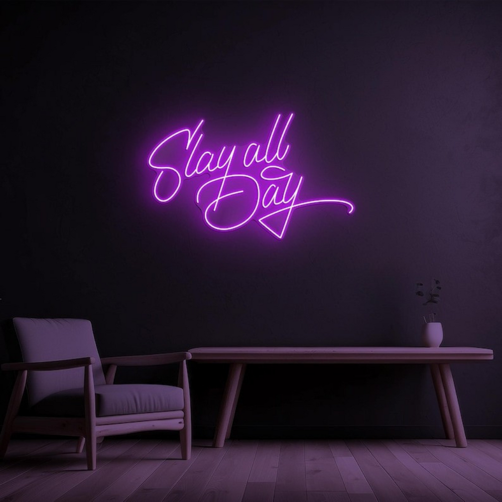 Slay All Day LED Neon Sign by LedNeons.com -  with bold, glowing script lettering, perfect for adding confidence and flair to beauty rooms or personal spaces.










