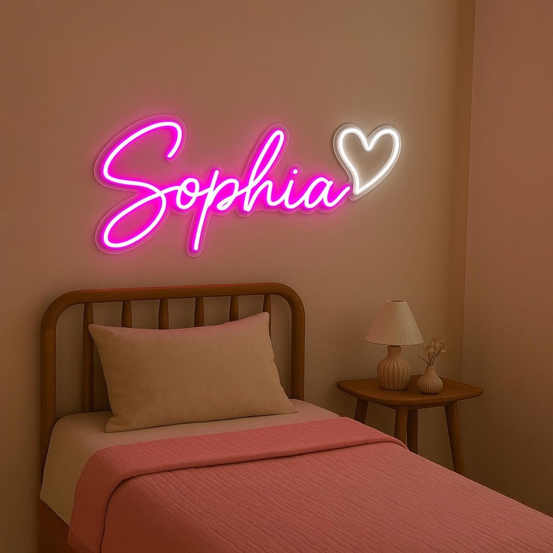 "Sophia" Name LED Neon sign by LedNeons.com - glowing on a wall, adding a personalized and stylish decorative accent.