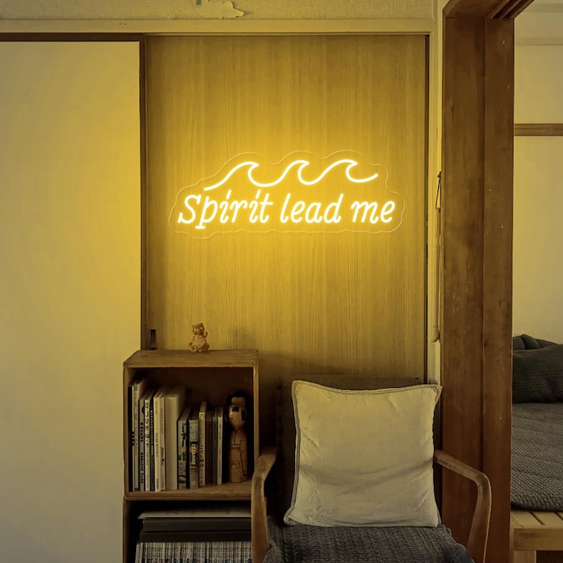 Spirit Lead Me" Home LED Neon sign by LedNeons.com - glowing softly in elegant script, faith-inspired home setting.