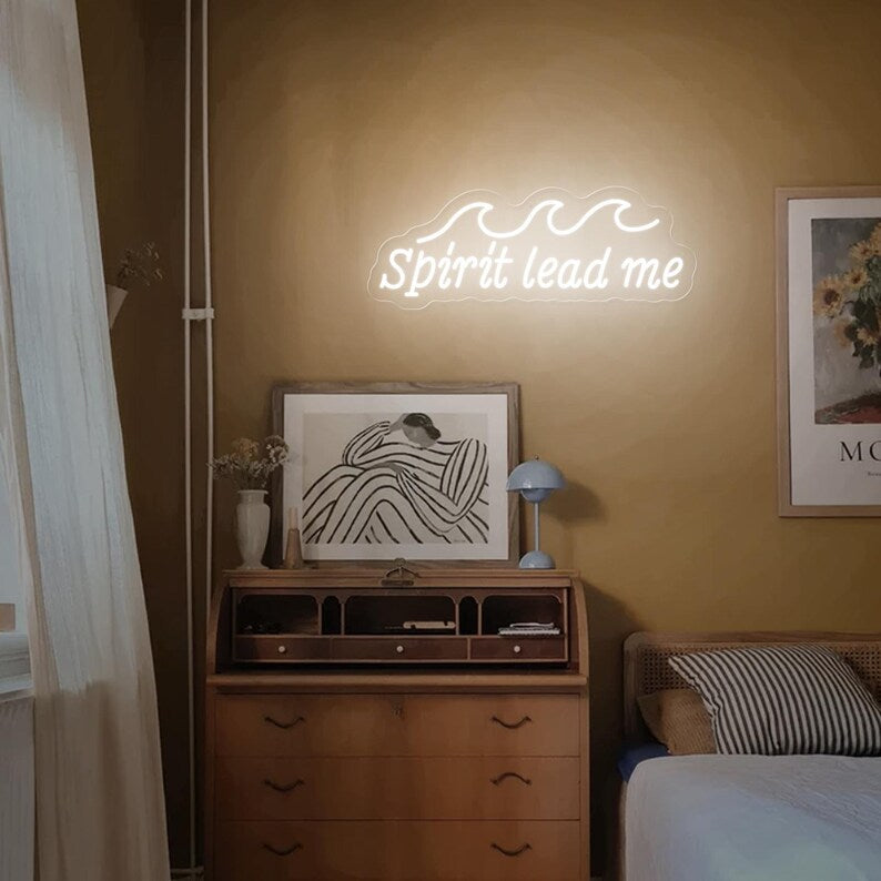 Spirit Lead Me" Home LED Neon sign by LedNeons.com - glowing softly in elegant script, faith-inspired home setting.
