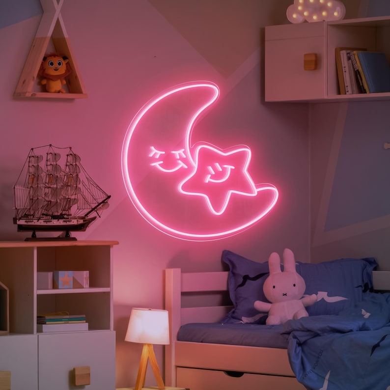 Star and crescent moon LED neon sign by LedNeons.com - glowing softly on a wall, creating a dreamy and relaxing atmosphere.