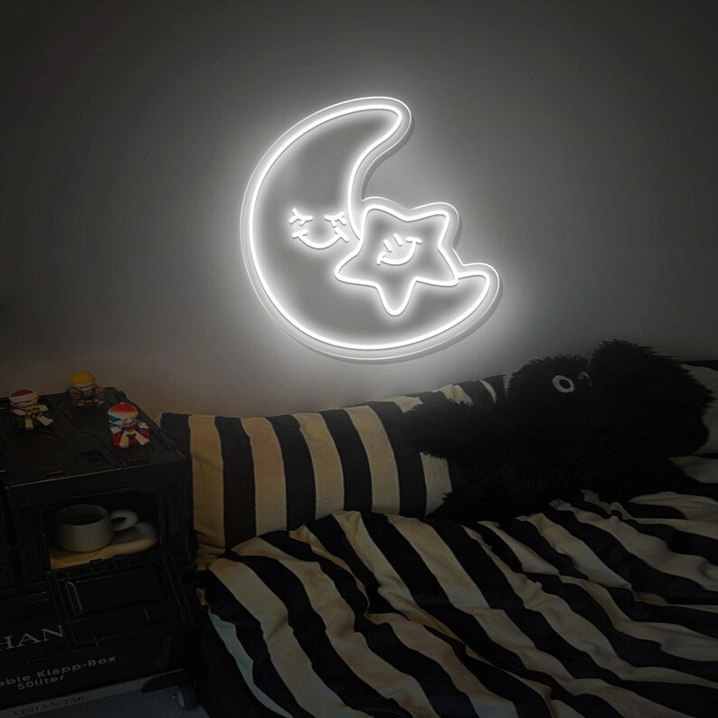 Star and crescent moon LED neon sign by LedNeons.com - glowing softly on a wall, creating a dreamy and relaxing atmosphere.