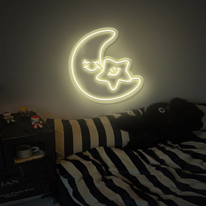 Star and crescent moon LED neon sign by LedNeons.com - glowing softly on a wall, creating a dreamy and relaxing atmosphere.
