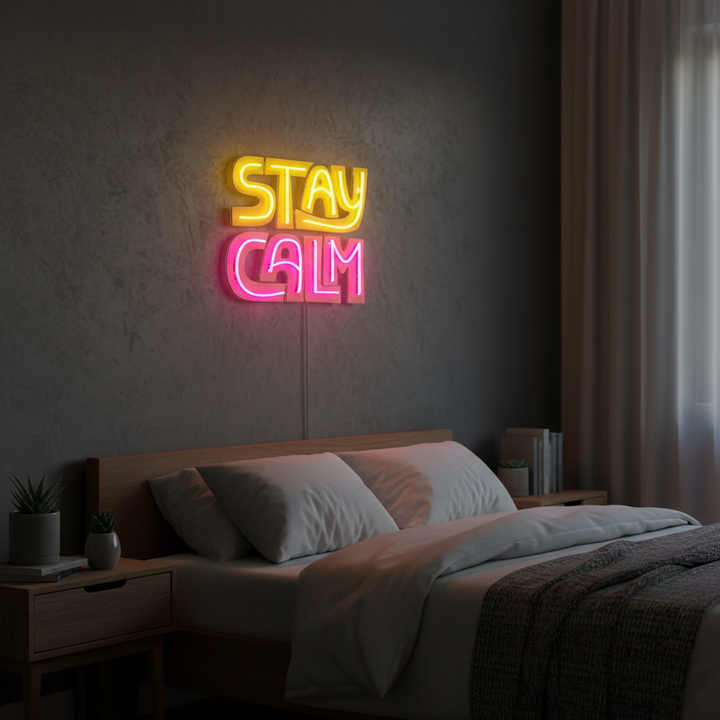 Stay Calm UV Art LED Neon Sign in pink and yellow colors by LEDNeons — glowing motivational wall art 